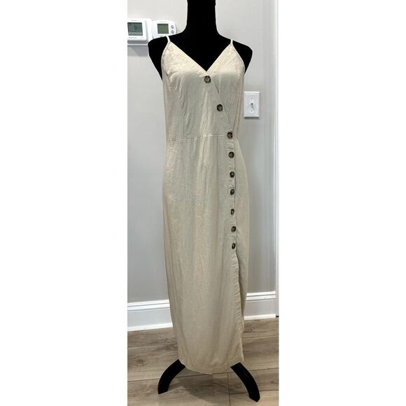 New Look Linen Blend Strappy Midi Dress Neutral Beige Buttons - Size XL - Picture 1 of 11